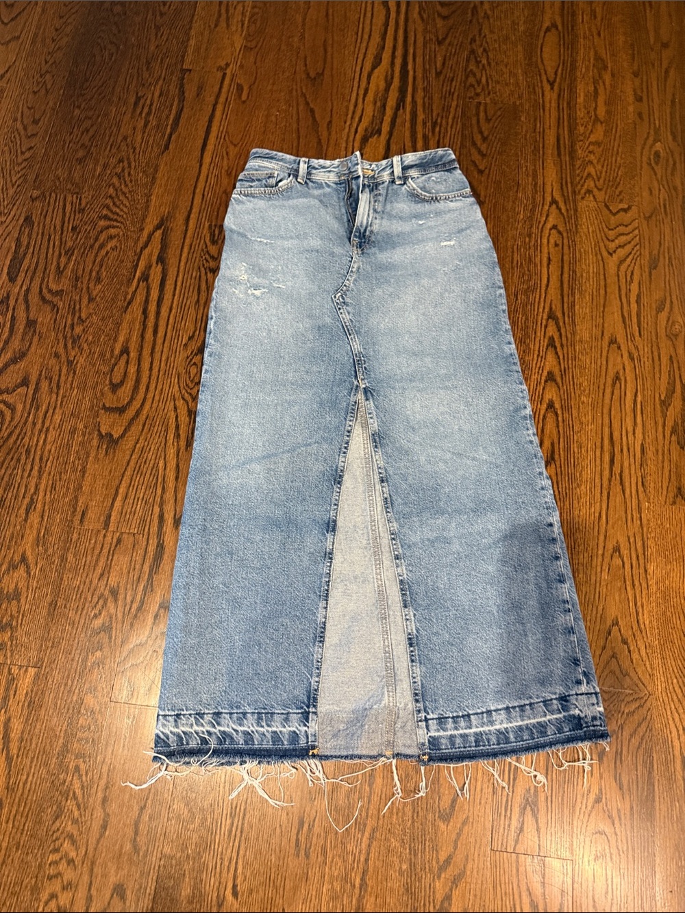 Zara Light Blue Denim Maxi Skirt with Front Slit